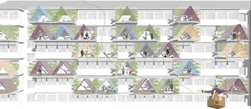 A modular green facade transforms the residential block through varied spaces for living, growing, and socializing