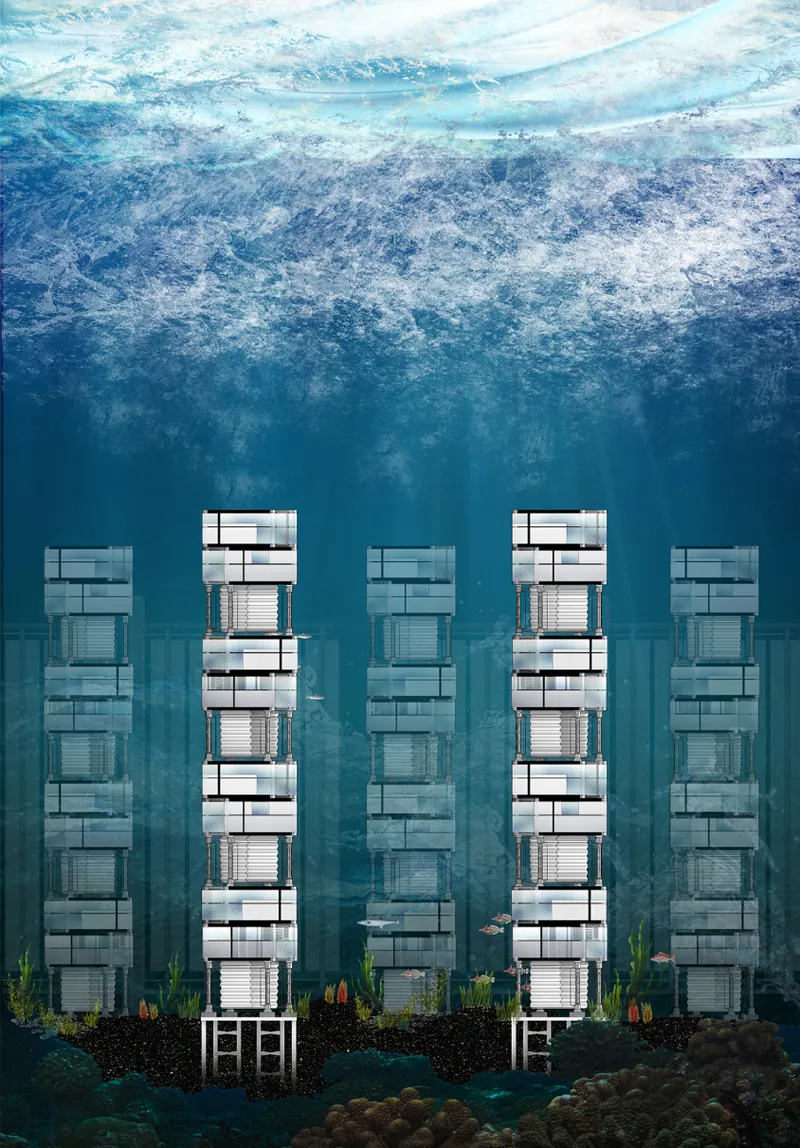 Section drawing of five modular towers anchored to the seafloor beneath churning ocean waves