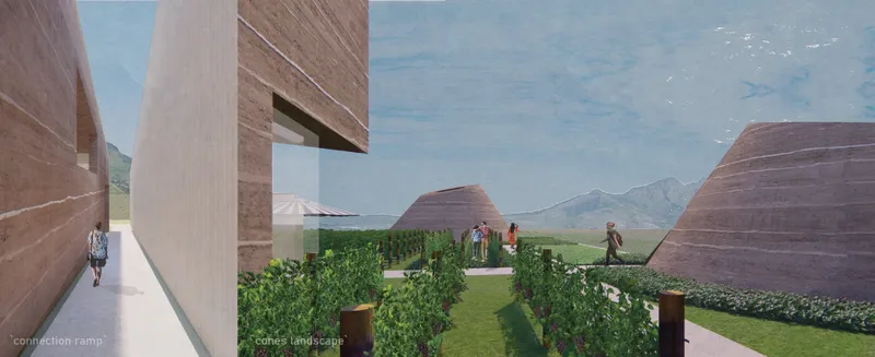Connection ramp leading toward the winery’s conical landscape forms.