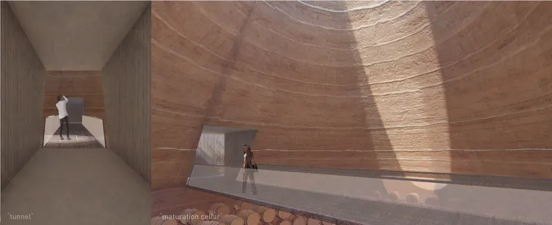 Subterranean tunnel opening into the monumental maturation cellar.