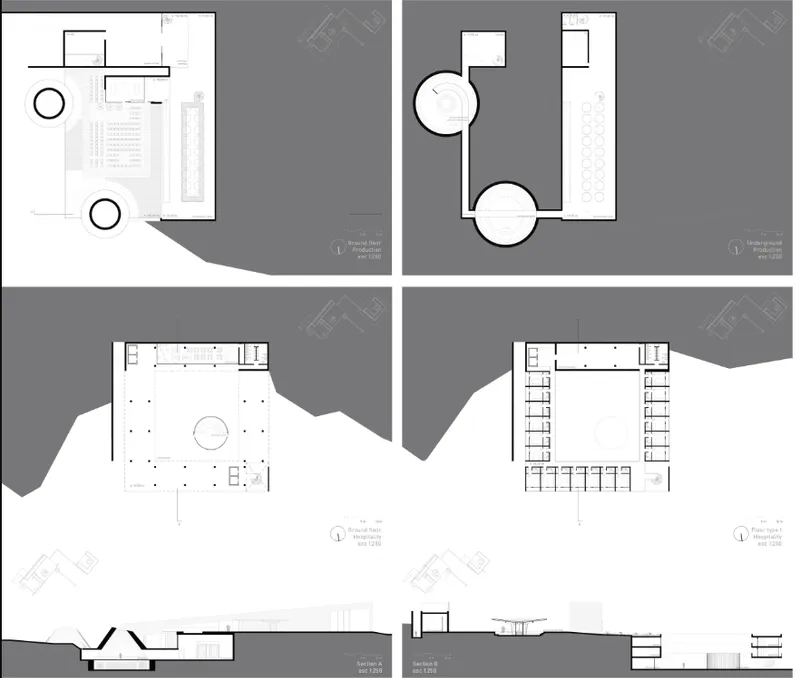 Architectural plans and sections illustrating the winery’s clustered programme and terrain integration.