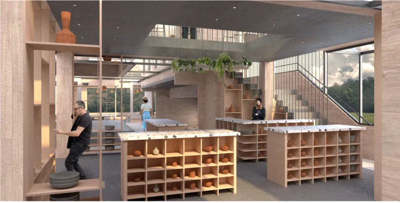 Pottery shop interior with warm wood shelving, terrazzo counters, skylit circulation, and ceramic display zones.
