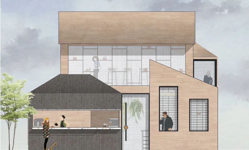 Layered exterior elevation showing Village Coffee as a composition of connected house-like volumes.