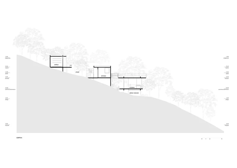 Section drawing showing multiple building volumes cascading down a hillside terrain with trees