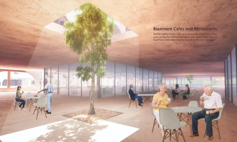 A public entrance connects the senior community with an accessible urban plaza and neighborhood life.