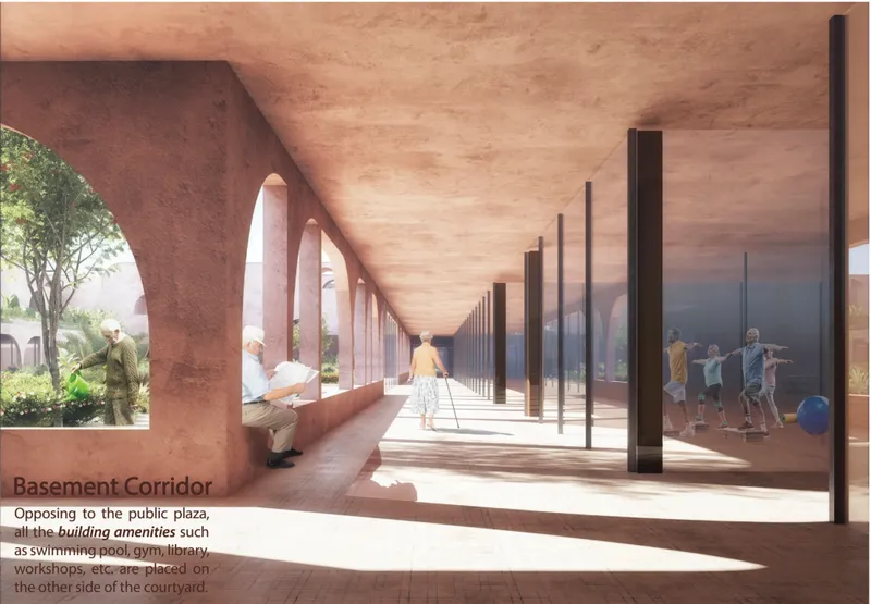 A shaded basement corridor connects amenities with views toward the landscaped courtyard.