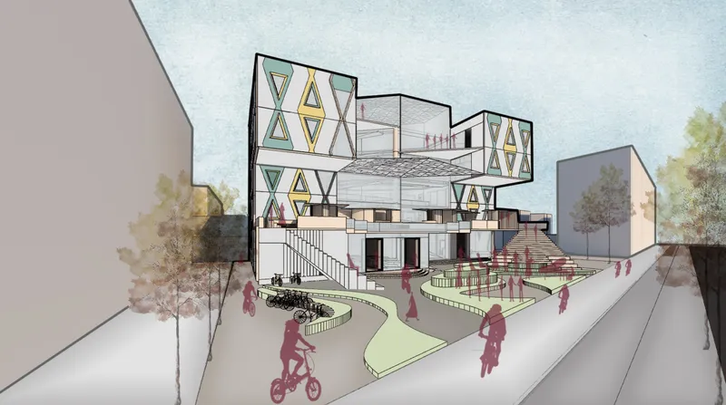 Street-level public realm connects landscaped paths, cycling routes, terraces, and the elevated hostel volumes