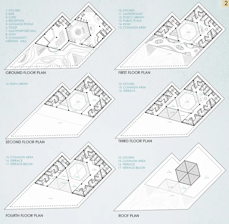 Floor plans organize private rooms, shared facilities, terraces, and social spaces around a central core