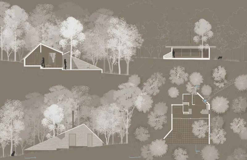 Section and plan drawings showing two gabled volumes nestled into a sloping wooded site with figures