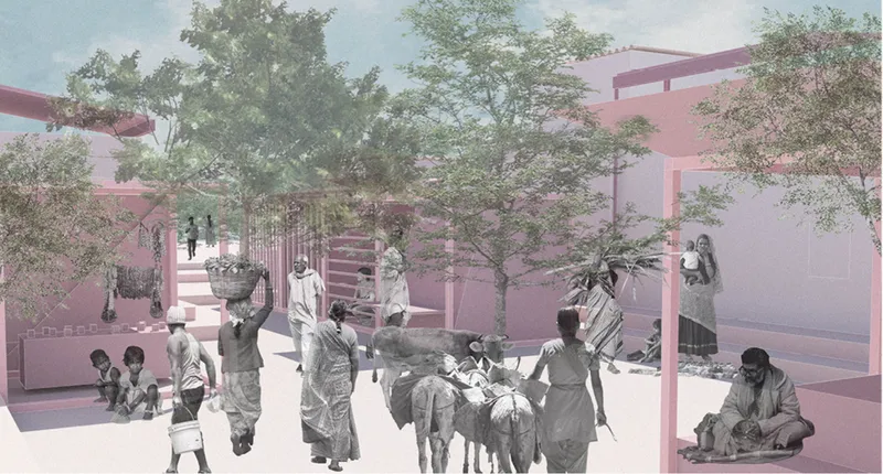Shaded green corridors integrate daily life, local exchange, and water-responsive public space within the existing urban fabric.