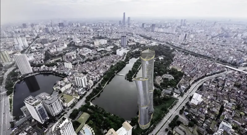 Aerial view showing the tower’s strategic location within Hanoi’s dense urban landscape.