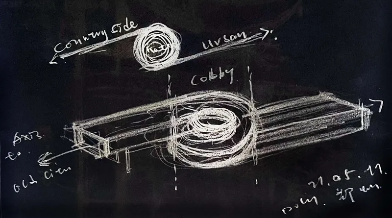 Chalk sketch on black background depicting a double spiral form with annotated dimensions