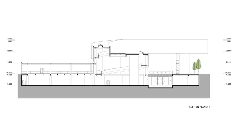 Section drawing revealing terraced interior spaces with clerestory glazing and planted courtyard at grade