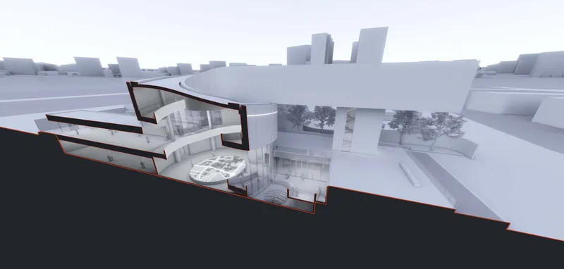 Cutaway axonometric rendering showing the cantilevered roof and terraced interior with planted courtyard below