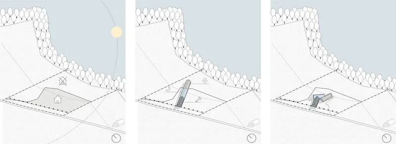 Three axonometric diagrams showing roof configurations with tree line above a sloped site