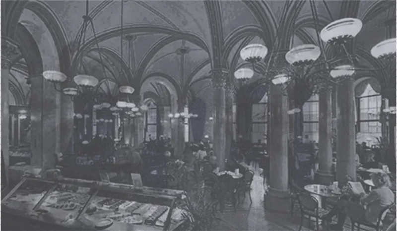 Historic café interior highlighting the architectural richness and social character of traditional coffee house culture.