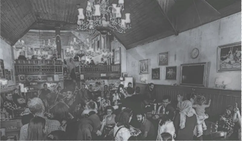 A vibrant heritage coffee house where communal gathering, ornament, and cultural exchange shape the interior atmosphere.