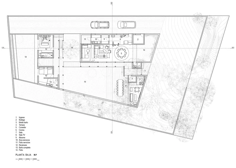 Ground floor plan drawing showing room layout on trapezoidal site with carport and vegetation