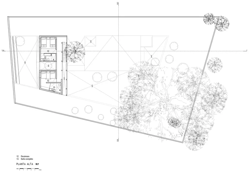 Site plan drawing showing a compact building volume with interior rooms and an expansive garden with trees