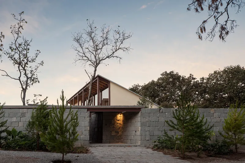 Street entrance through a grey concrete block wall with small pine trees at dusk