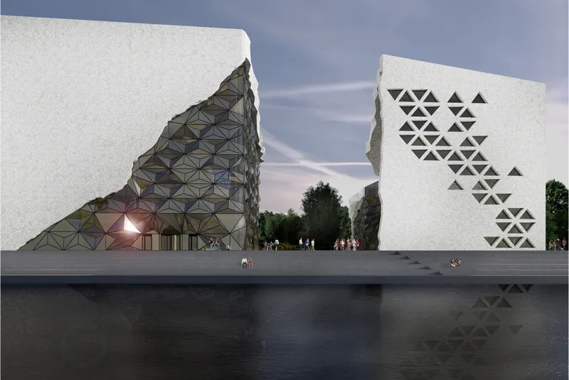Rendering of two white facades with geometric cutouts and triangular glazing along a waterfront plaza at dusk