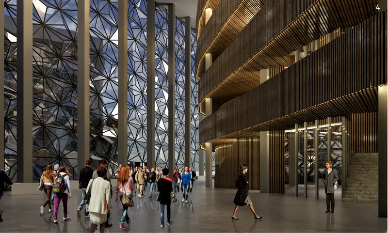 Interior lobby with faceted glass curtain wall and timber slatted ceiling above visitors on a polished floor