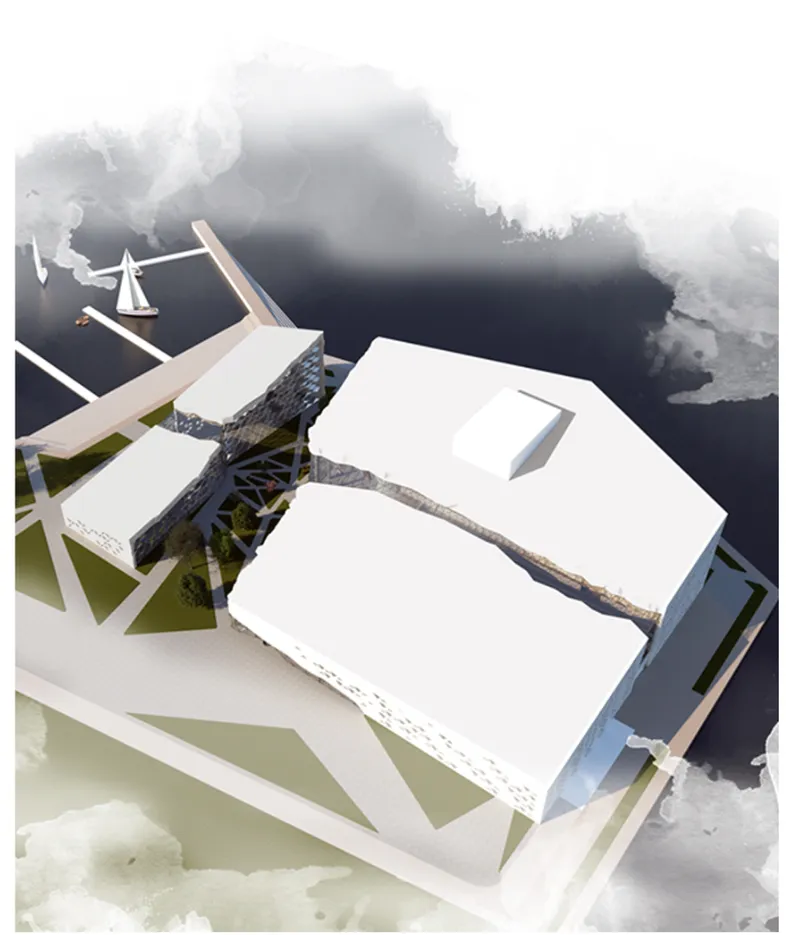 Physical model showing angular rooflines and connecting bridge with waterfront sailboats and landscaping elements