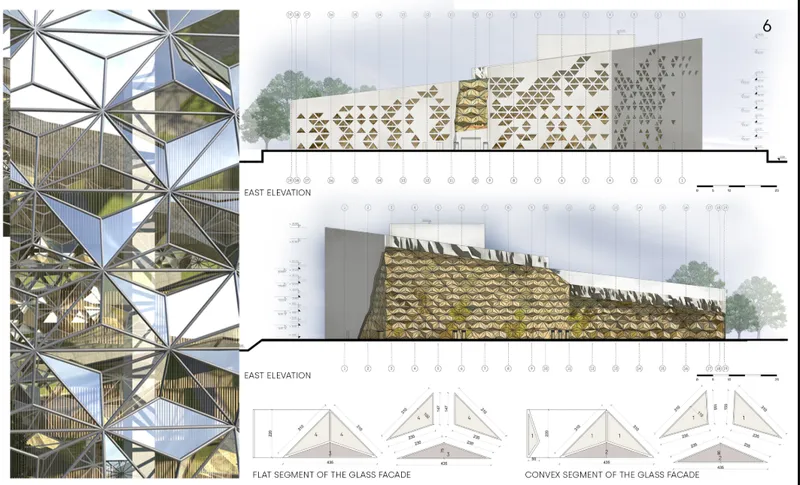 Elevation drawings and facade detail diagrams showing triangular glass panels and vegetated terraces