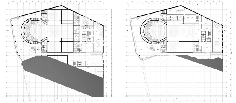 Floor plan drawings showing curved auditorium and irregular perimeter with two shaded outdoor spaces