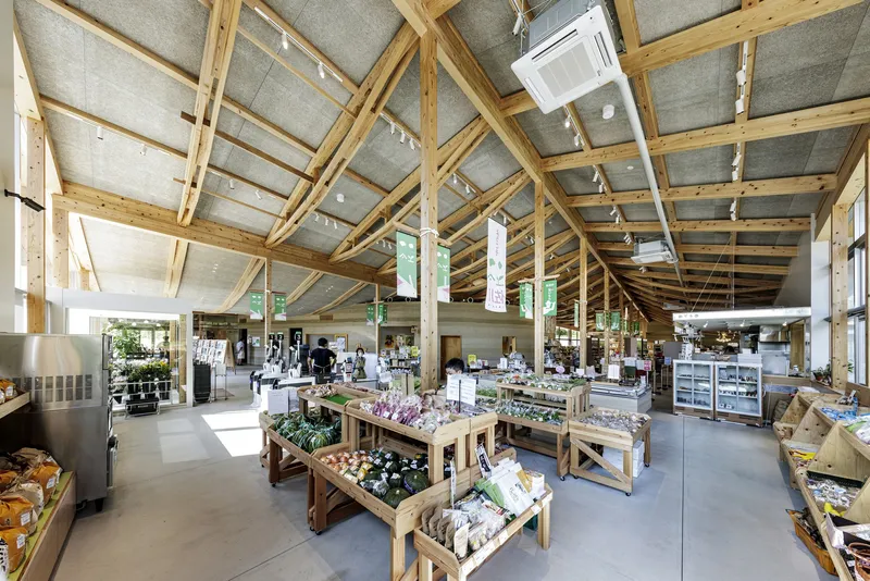 Market hall with wooden produce tables and shoppers beneath curved timber rafters and hempcrete ceiling