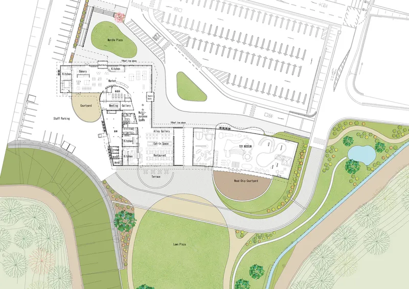 Site plan drawing showing the building footprint with parking areas and surrounding landscape zones with trees and ponds