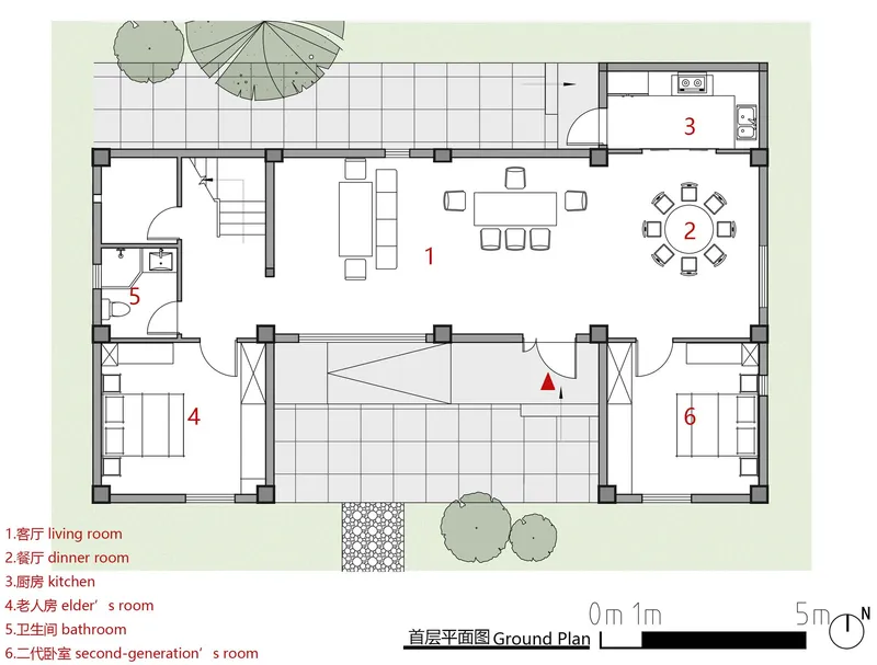 Ground floor plan drawing of a residence with living areas, dining room and central courtyard space