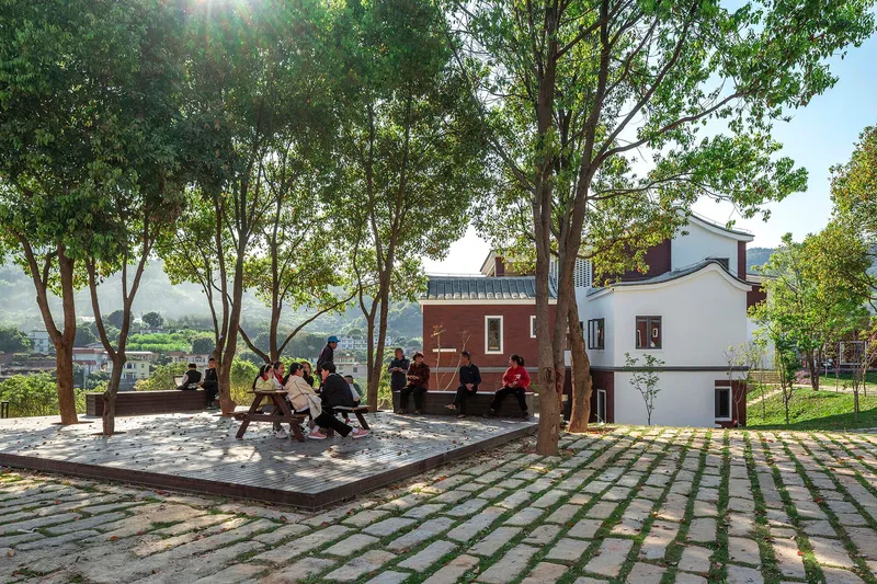 People seated on a shaded platform beneath mature trees overlooking the valley