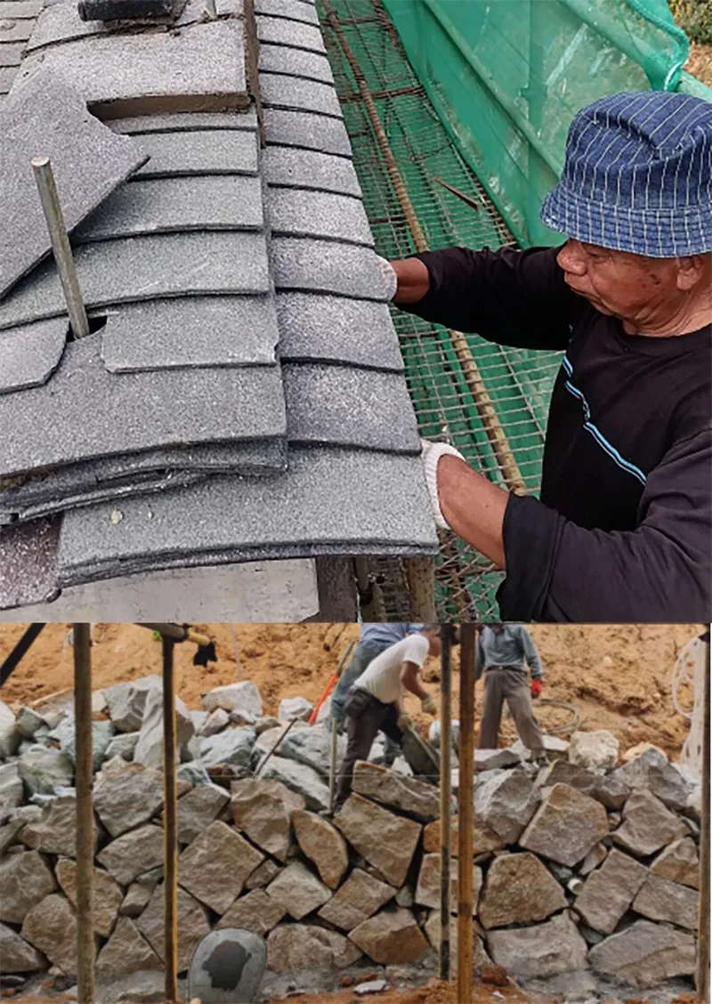 Construction photographs showing curved roof tile installation and stone foundation work in progress