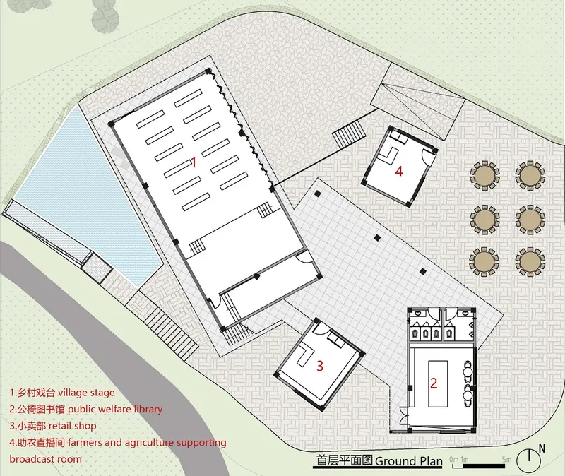 Ground floor plan drawing depicting a community center with library, courtyard and outdoor seating area