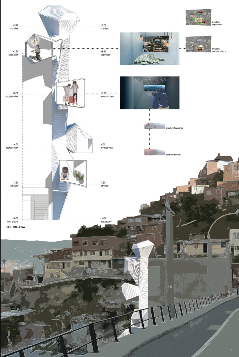 Angular observation chambers frame rooftops, mountains, and the wider cityscape of Comuna 13.