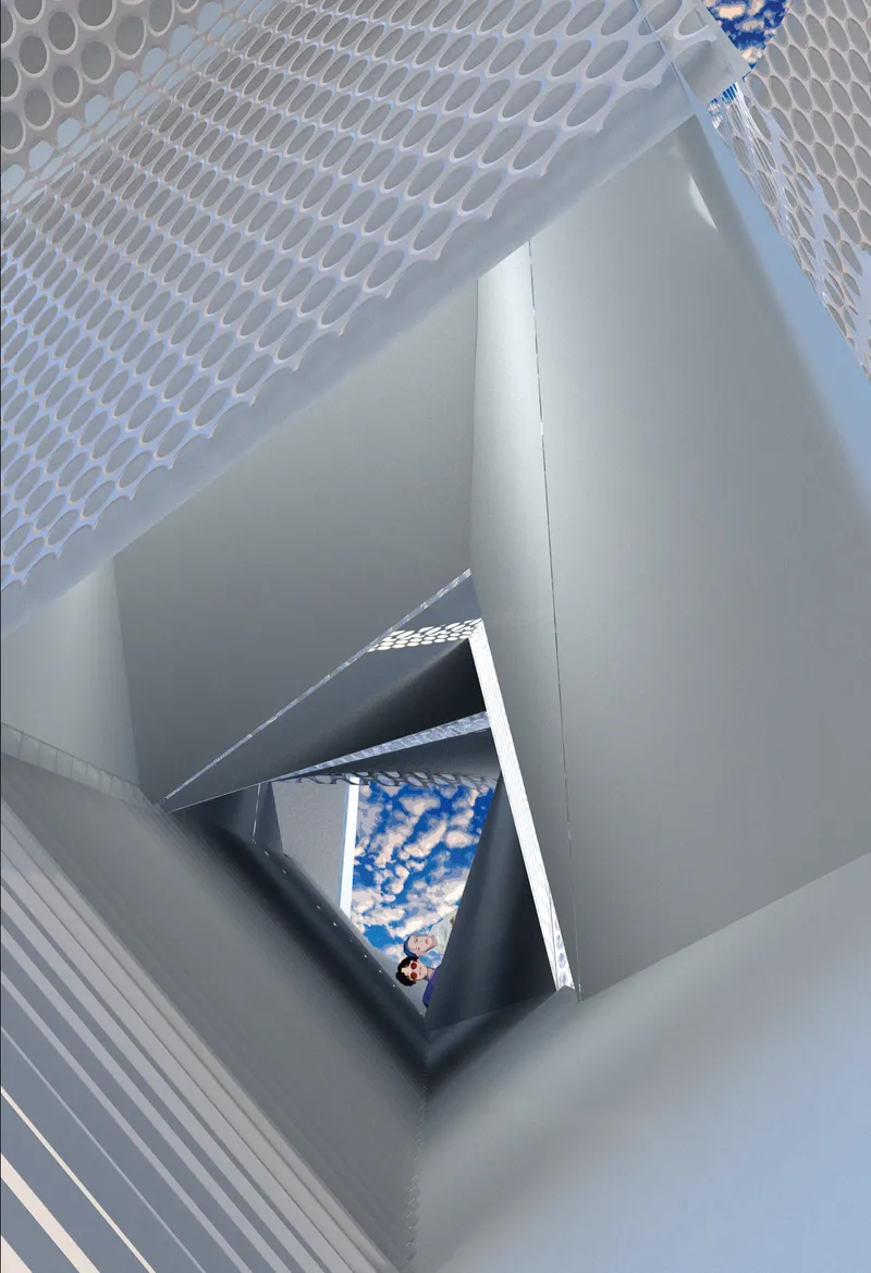 A dramatic interior perspective reveals layered geometric openings, perforated surfaces, and framed sky views.