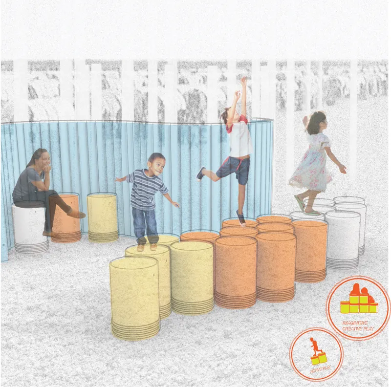 Repurposed buckets become stepping platforms, seats, and building blocks for active and imaginative play.