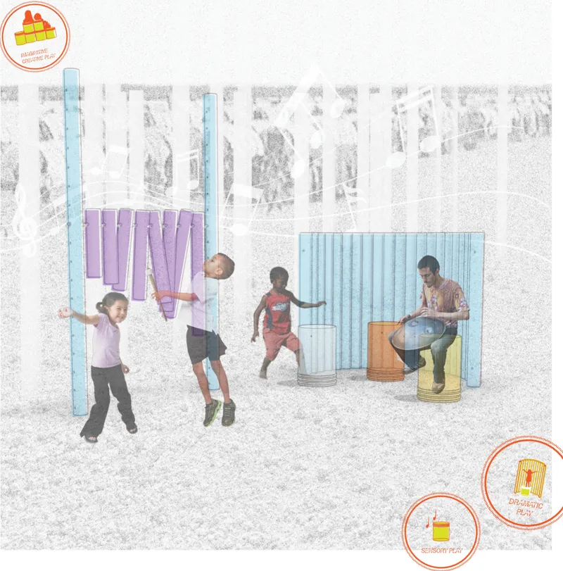Musical components, modular screens, and reused cylinders create an interactive environment for movement, sound, and performance.