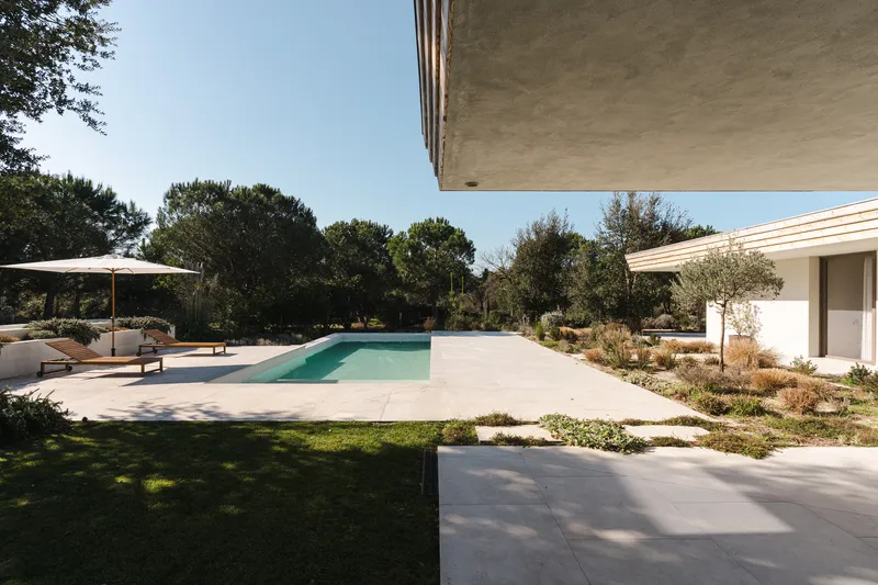 Terrace and pool area framed by cantilevered roof overhangs and native plantings in afternoon sun