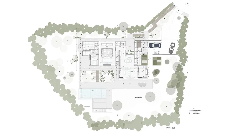 Ground floor plan drawing with interior rooms, outdoor terraces, and planted landscape perimeter