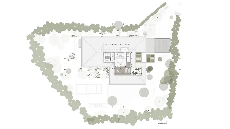 First floor plan drawing showing upper level rooms, roof terrace, and surrounding tree canopy