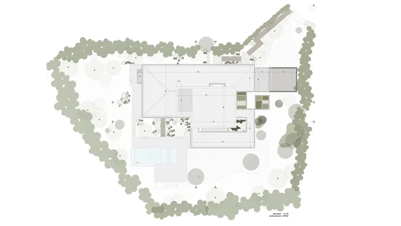 Roof plan drawing illustrating roof planes, terraces, and tree coverage across the site