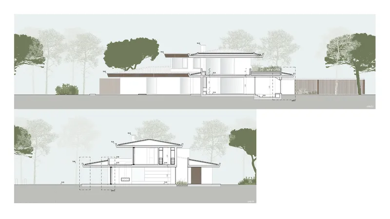 Section drawings showing the two-story volumes with flat roofs amid trees and landscape
