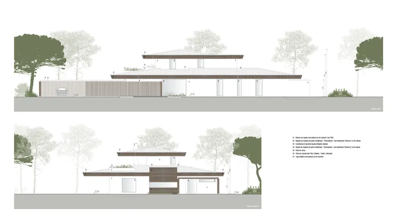 Elevation drawings depicting stacked horizontal planes with vertical slatted screening and surrounding trees