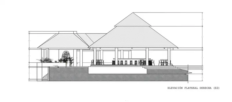 Sectional elevation drawing revealing open interior spaces beneath a pyramidal roof with furniture silhouettes