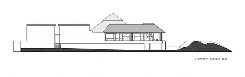 Lateral elevation drawing depicting a raised pavilion with pyramidal roof against a hillside silhouette