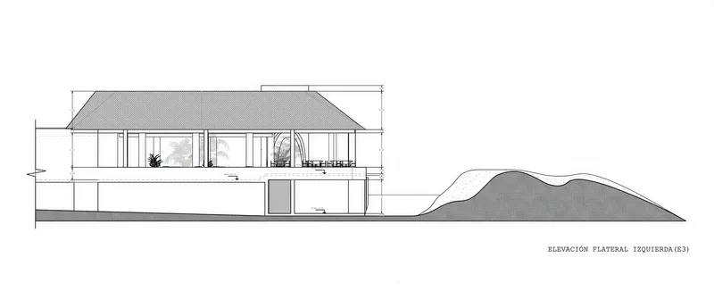 Sectional elevation drawing showing a two-level structure with pyramidal roof and adjacent terrain contours