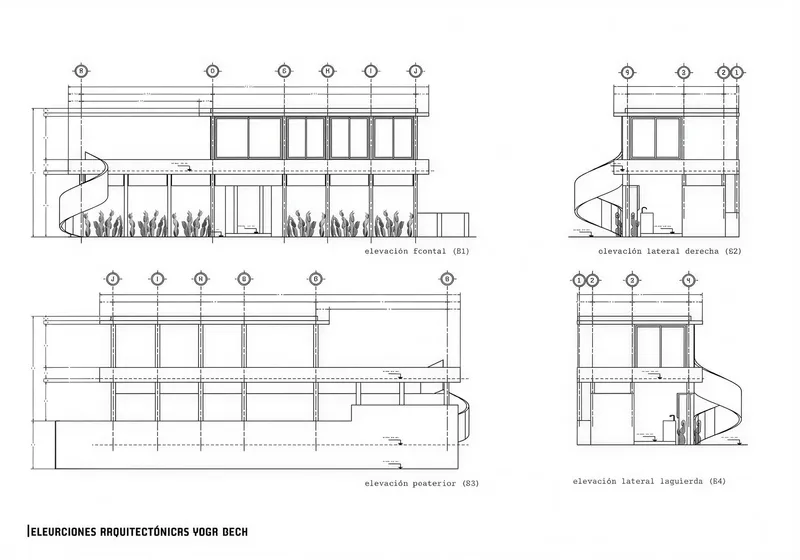 Elevation drawing set showing four facades with spiral stair, column grid, and planted foreground