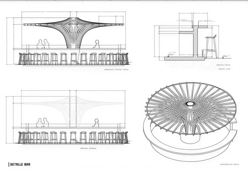 Detail drawings showing bar section with sculptural ribbed ceiling, stools, and circular plan with radiating structure